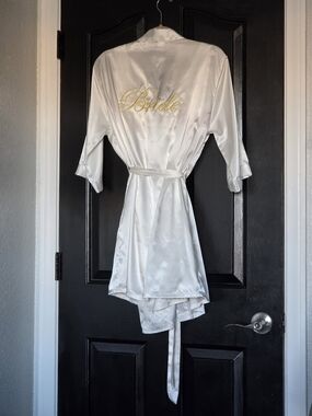 White Satin Bridal Robe with Gold Embroidery